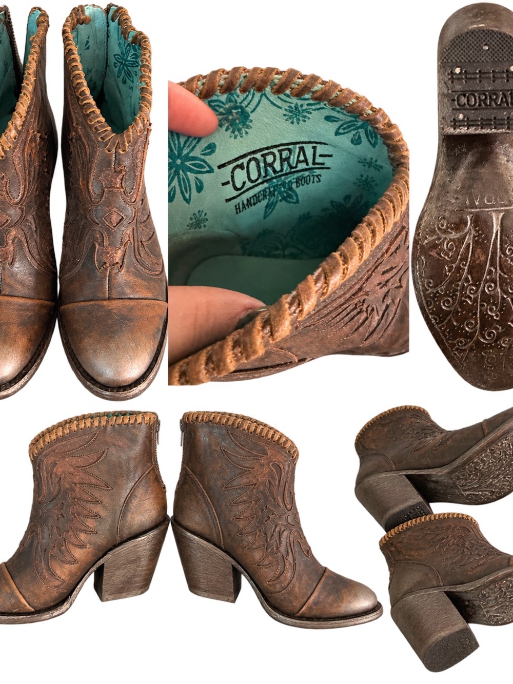 Corral Brown Leather Embossed Ankle Boots with Teal Interior